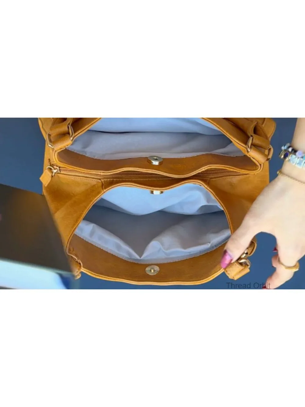 Faux Leather 3 Compartment Hobo Bag with Gold Tone Hardware